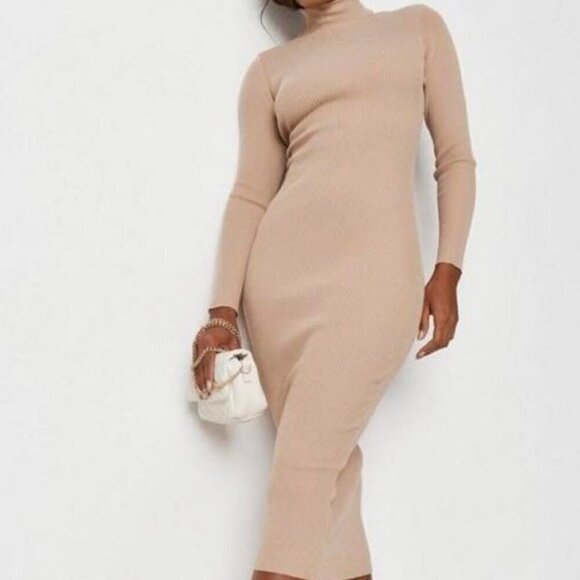 Missguided Stone Rib Knit Roll Neck Midaxi Dress - Picture 1 of 3